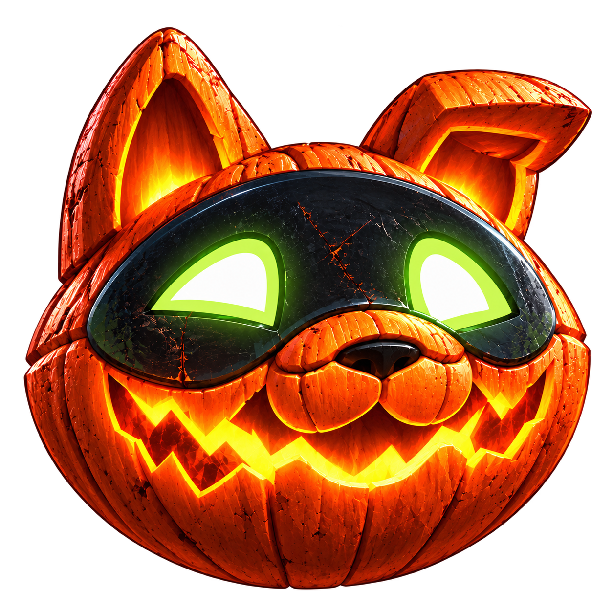 Glowing orange pumpkin cat with pointed ears, a black visor, and a jagged grin